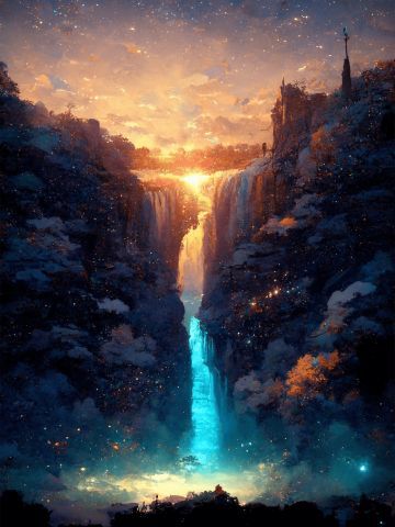 晨曦中的瀑布 动漫风景手机壁纸