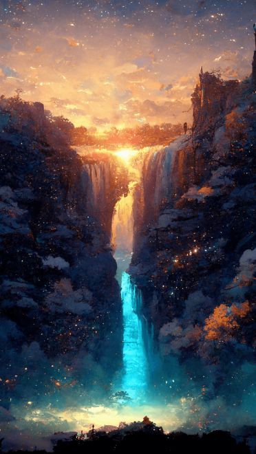 晨曦中的瀑布 动漫风景手机壁纸