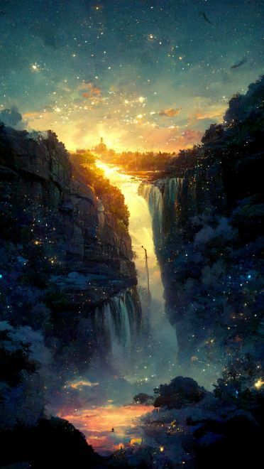 晨曦中的瀑布 动漫风景手机壁纸