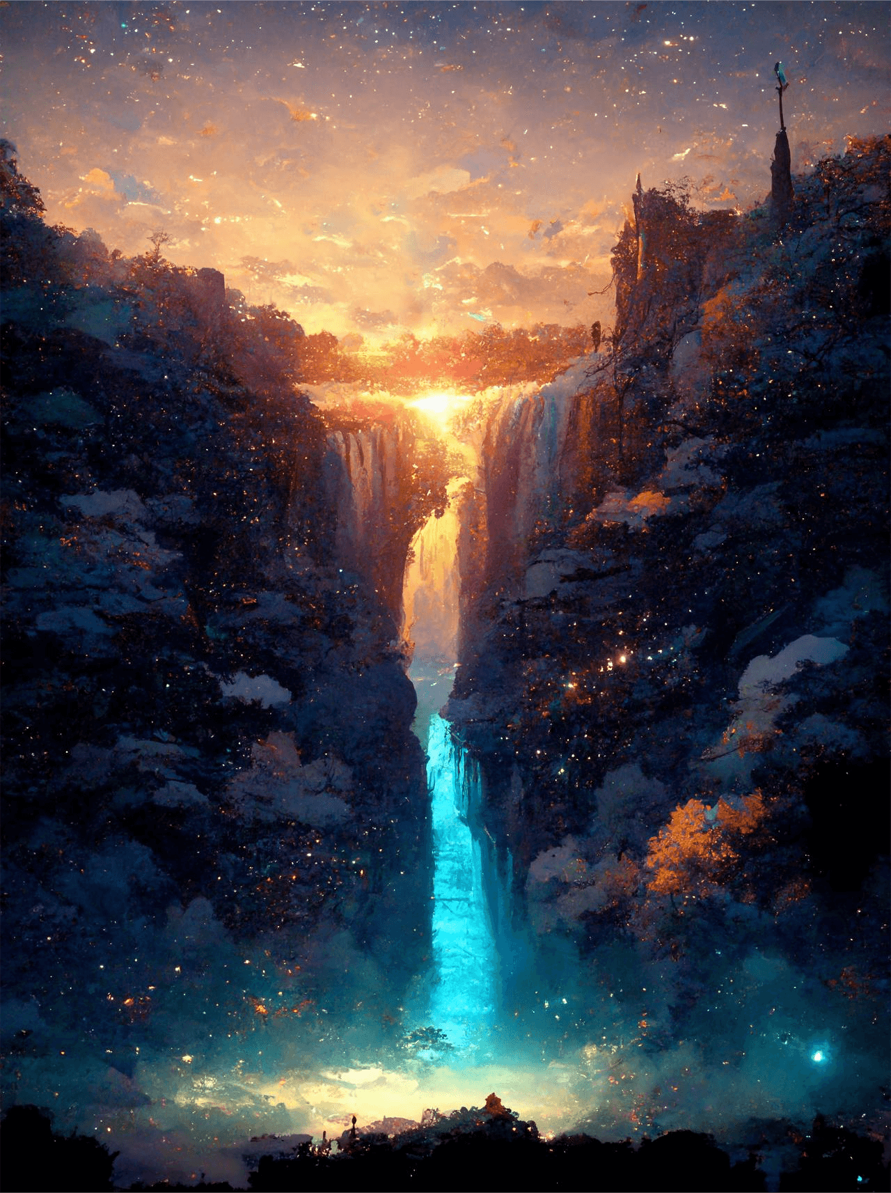 晨曦中的瀑布 动漫风景手机壁纸