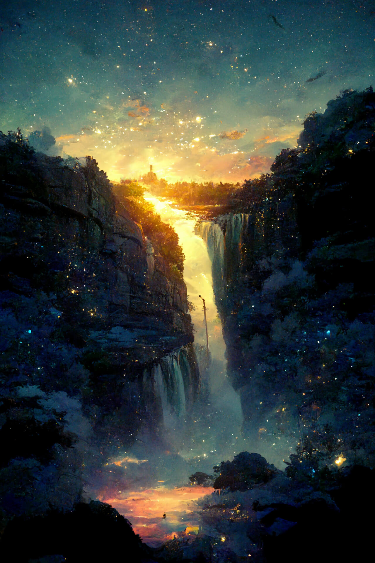 晨曦中的瀑布 动漫风景手机壁纸