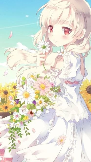鲜花配美人 二次元萌少女手机壁纸