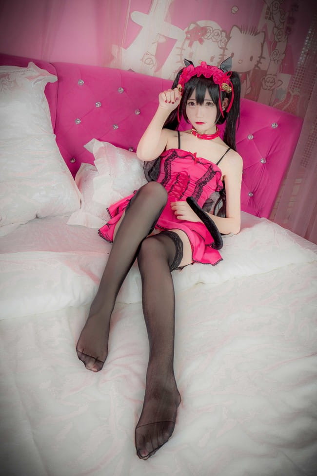 约会大作战 时崎狂三 桃色睡衣黑丝诱惑cosplay