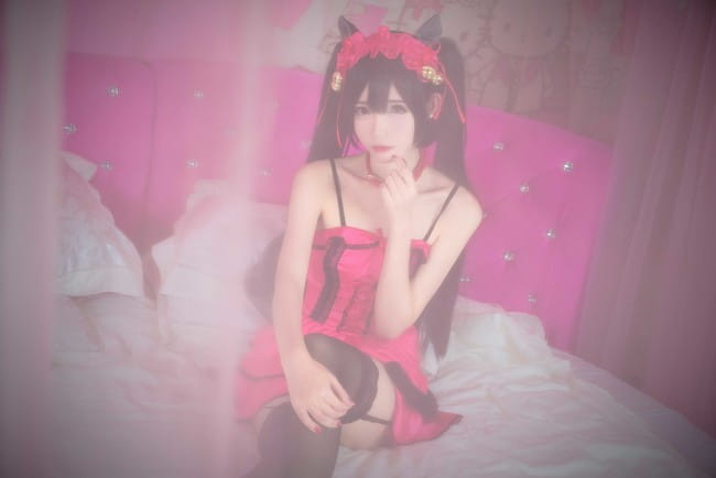 约会大作战 时崎狂三 桃色睡衣黑丝诱惑cosplay