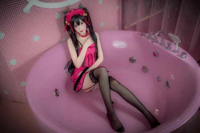 约会大作战 时崎狂三 桃色睡衣黑丝诱惑cosplay