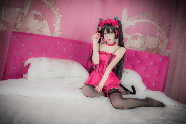 约会大作战 时崎狂三 桃色睡衣黑丝诱惑cosplay